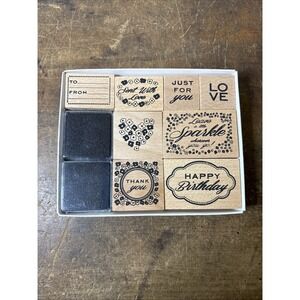 8 Piece Wooden Greeting Stamp Set with 2 Ink Pads SKU# 000B5F NEW UNUSED